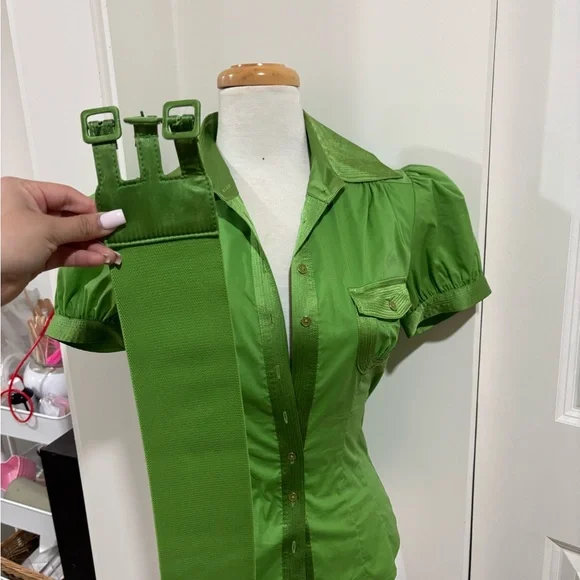 Vintage Bebe Green Belted Short Sleeve Top - Picture 5 of 6